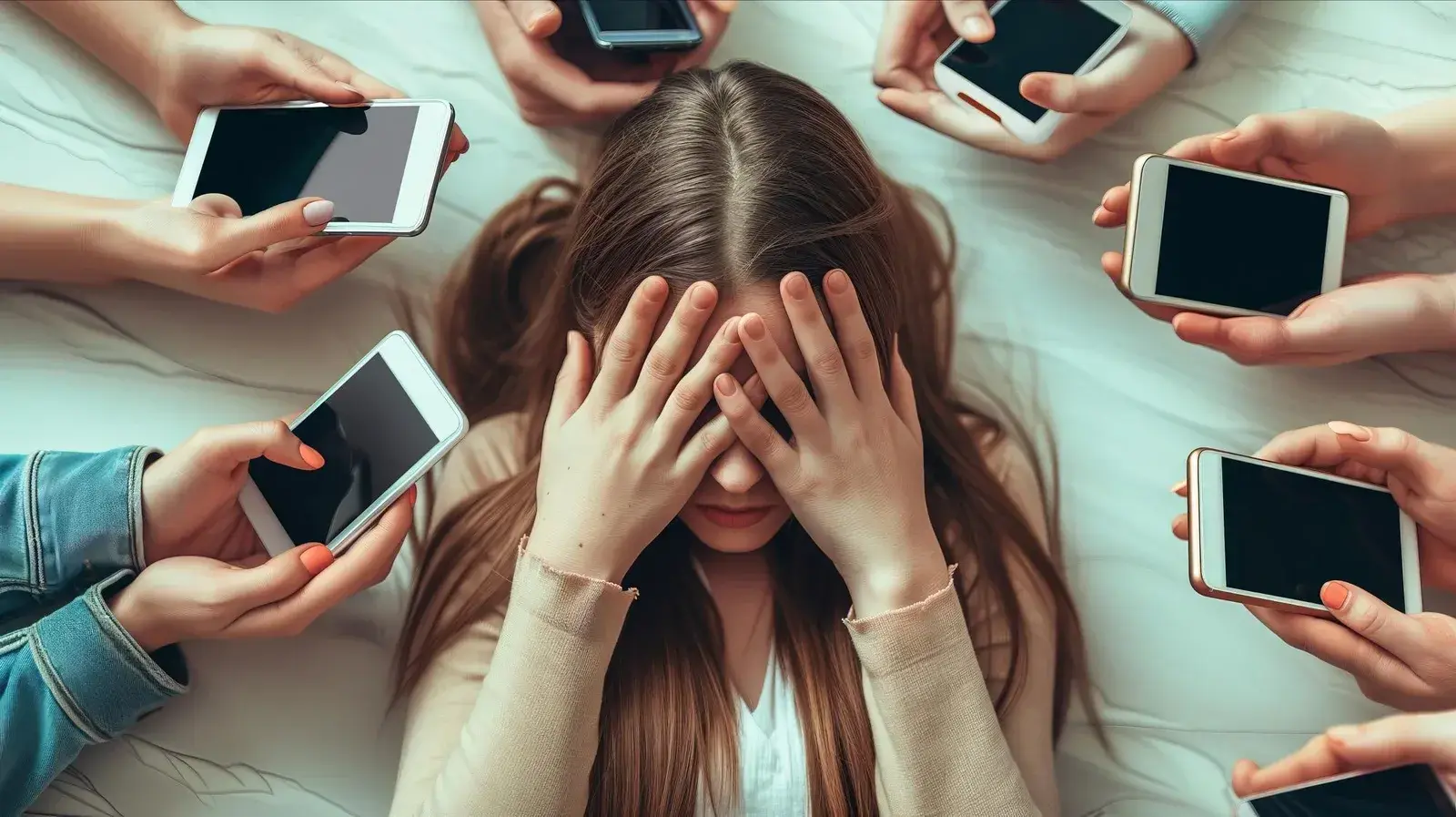 Persona estresada rodeada de teléfonos móviles.